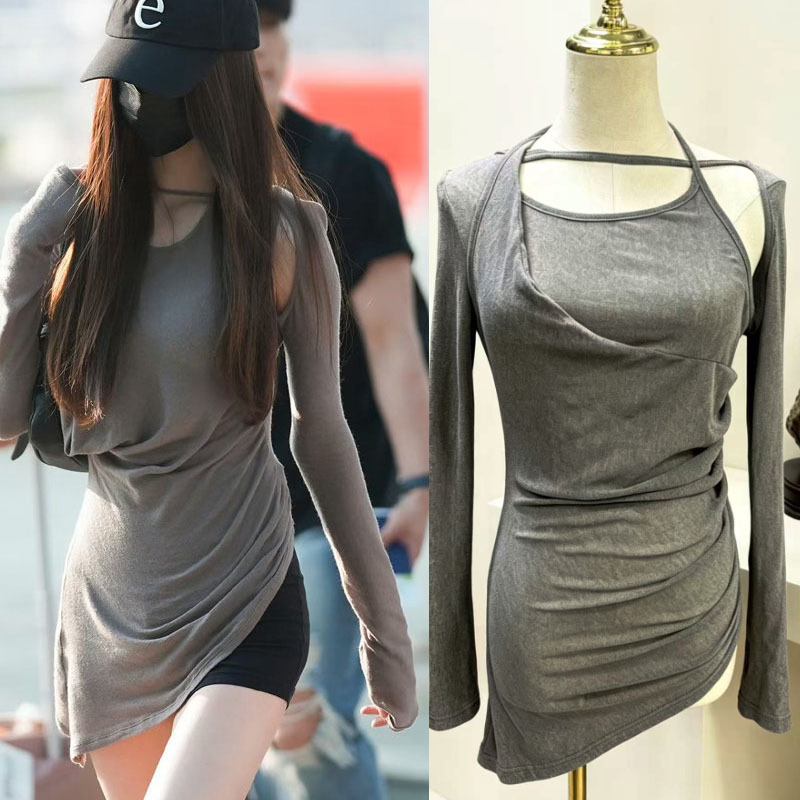 In Stock: Zhang Yuanying's Spicy Girl Style Long-Sleeve T-Shirt for Women, Loose Fit, Slimming, Solid Color, Versatile Fashion Top for Outerwear