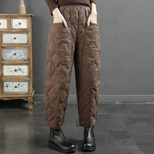 2025 Winter Artistic Retro Solid Color Rhombic Down Cotton Pants Wind Warm Thickened Loose Casual Pants for Women