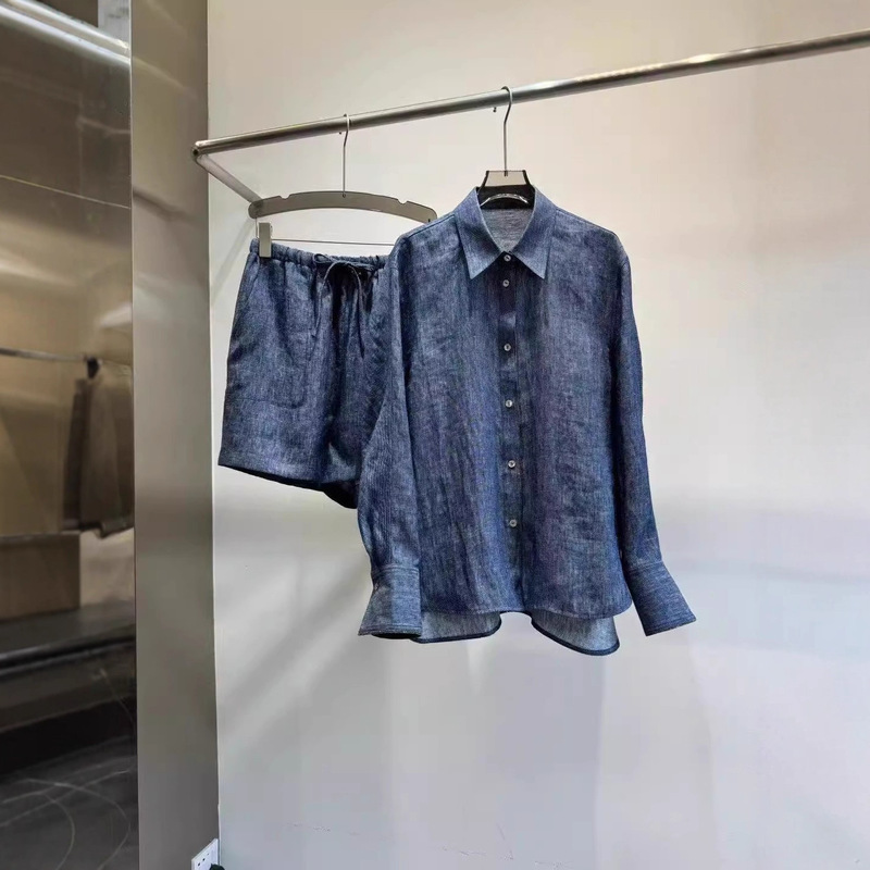 Imported Yarn-Dyed Denim Linen Long-Sleeved Shirt Loose Jacket + Casual Shorts Suit Women's Summer