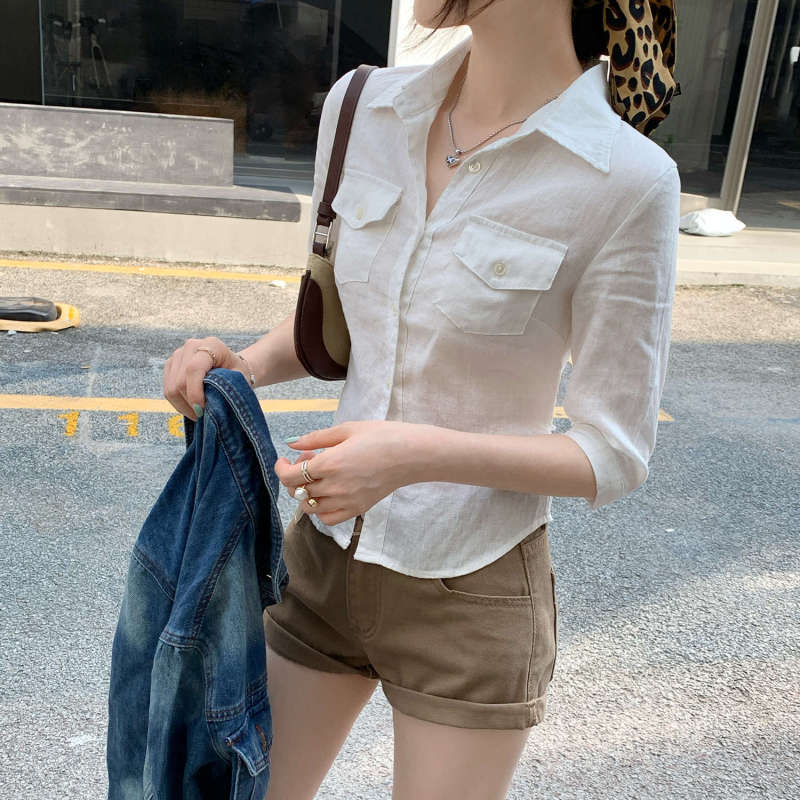 法式高级感系带收腰亚麻中袖衬衫女夏2025新款洋气独特别致小上衣|undefined