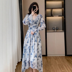 早春法式茶歇V领气质蓝连衣裙韩版甜美收腰荷叶袖长裙旅游度假裙