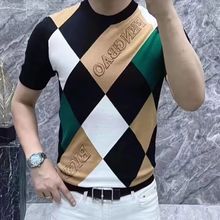 2025夏季新款高端男士短袖t恤时尚潮流彩色拼接修身帅气圆领格子