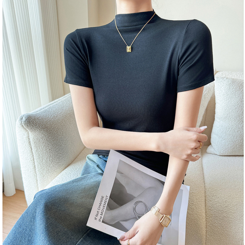 봄과 가을 모달 반 터틀넥 어깨 반팔 티셔츠 여성용 내복 플러스 사이즈 밑바닥 셔츠 탑 옷은 패션 밖에서 입을 수 있습니다.