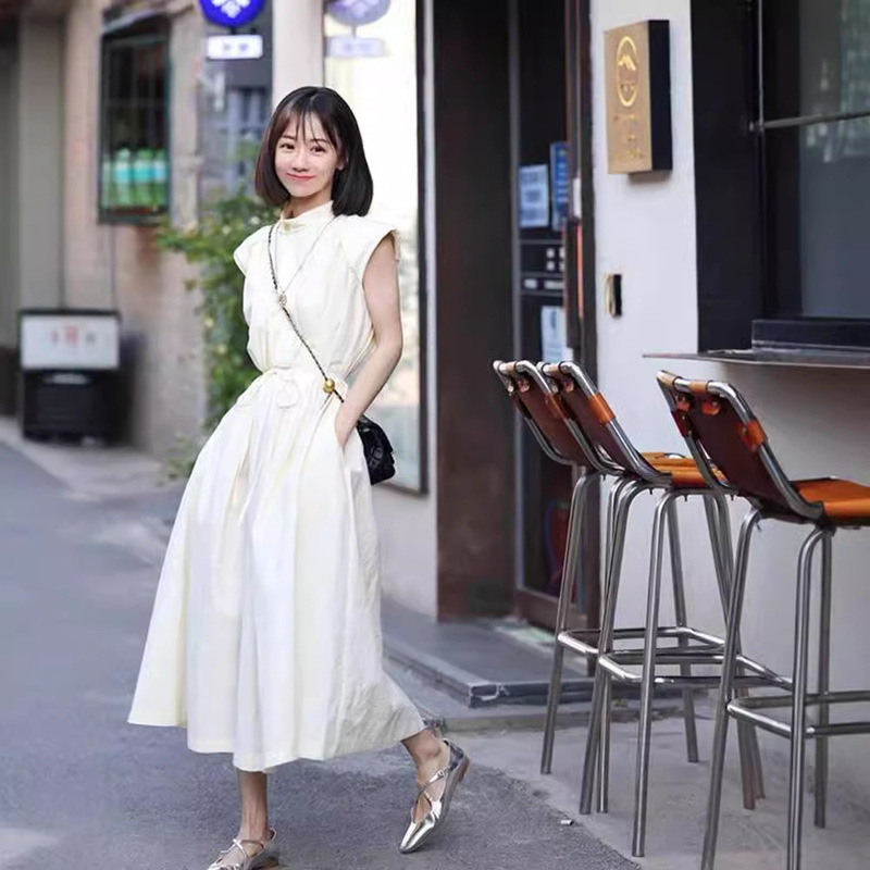 In stock special offer simple temperament texture sleeveless spring and summer dress slimming cotton long lace-up dress for women 51110