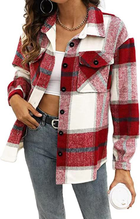 Women's Clothing Plaid Shirt American Style Long Sleeved Collared Loose Fit Mid Length Coat For Autumn Winter_ecoleips.com