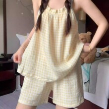 夏天简约格子吊带睡衣短裤套装宽松女款夏季可外穿休闲简约家居服