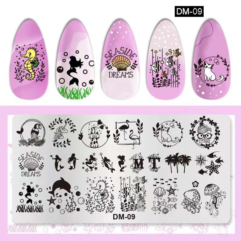 2022 nueva impresión de transferencia de Arte de uñas placa de acero impresión rectangular placa de acero de impresión de transferencia de aceite Tablero de dibujo en color de película Azul serie DM