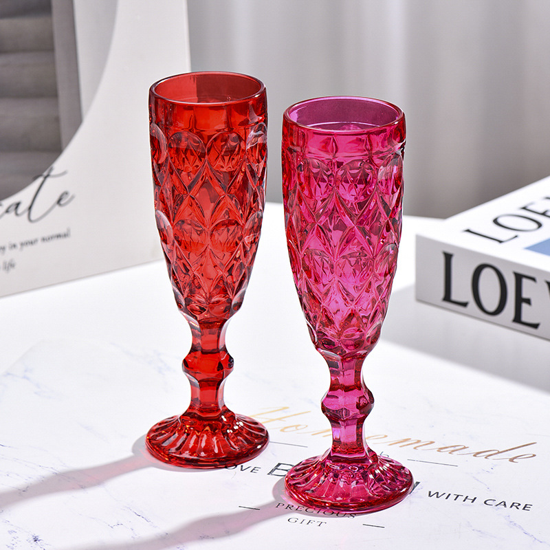 厂家批发透明玻璃果汁杯 机压印花加厚复古菱形花纹红酒香槟杯