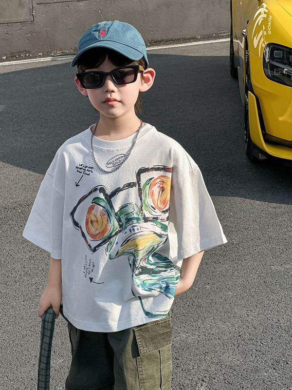 男の子夏半袖スーツ子供夏韓国語版 2025 新しい漫画作業服 5 点パンツスポーツ子供服トレンド|undefined
