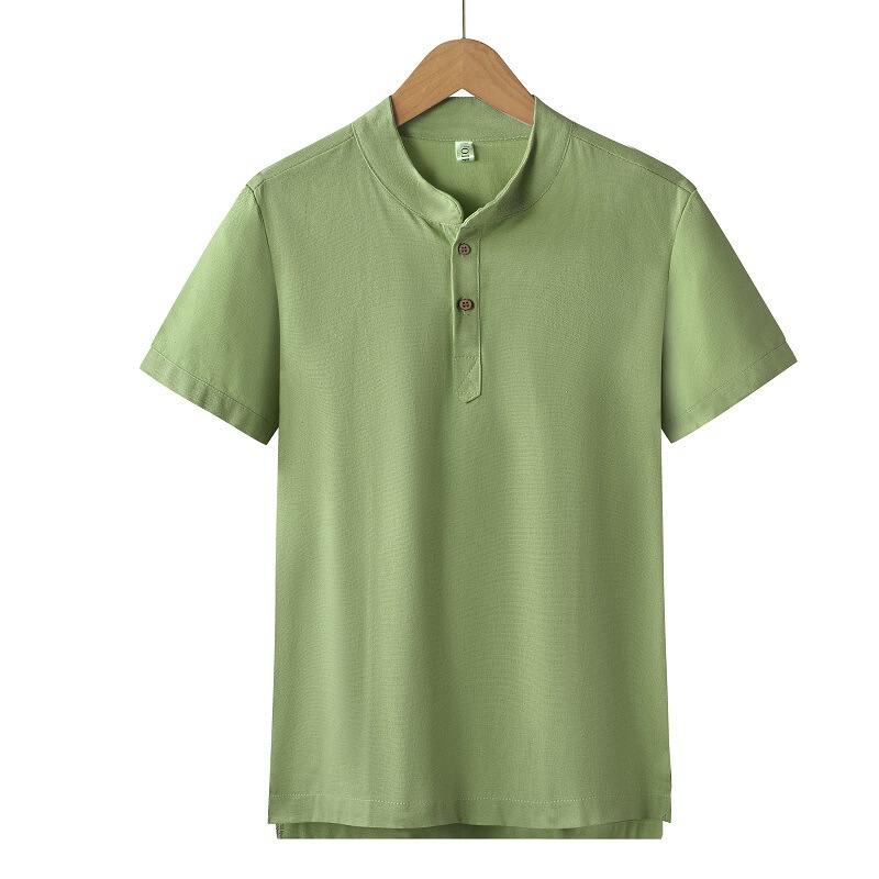 2023 summer new fashion casual stand collar short sleeve solid color cotton and linen shirt men's fashion top POLO shirt
