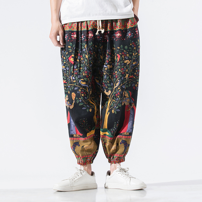 2023 Chinese Style Men's Loose Cotton and Linen Print Harlan Ankle-length Pants Large Size Fashionable Casual Sports Pants