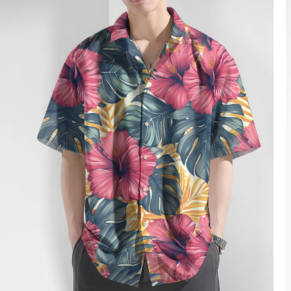 2024 Camisa de manga corta estampada hawaiana para hombre, talla europea, playa, fábrica de camisas para hombre hawaiano