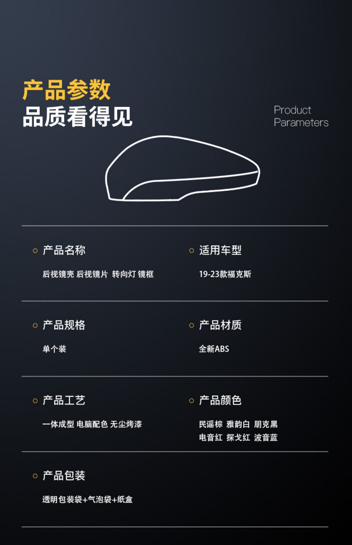 Suitable for 2019-2023 Ford Focus rearview mirror housing, reversing mirror frame, bottom shell, reflective lens, turn signal light