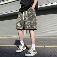 夏季迷彩工装短裤男士宽松潮牌大裤衩过膝美式高街直筒五分马裤子