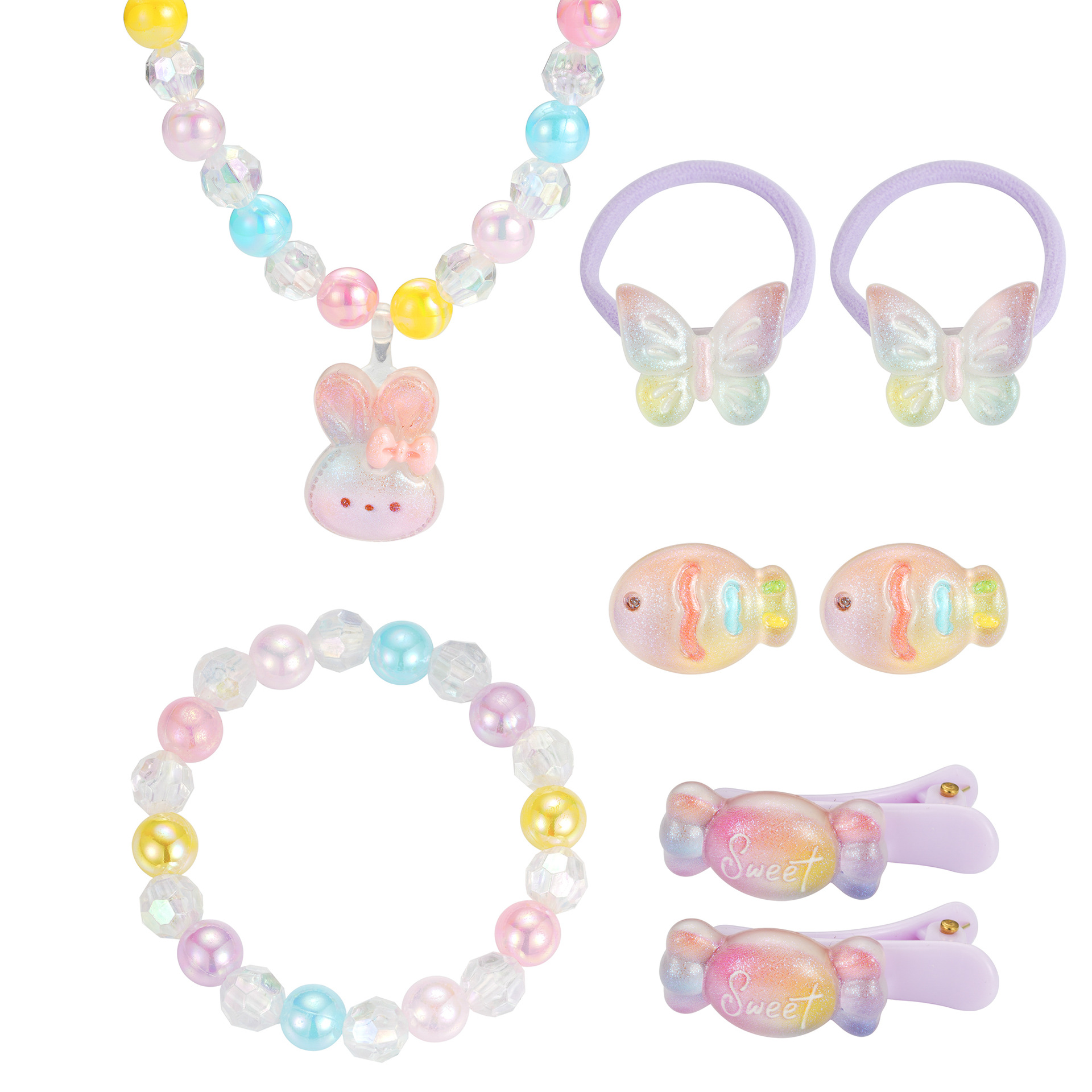 Niñas lindos colgantes de dibujos animados perlas translucentes de perlas adornos de mano pulseras de cuentas brocas para el pelo juegos de joyas para niños
