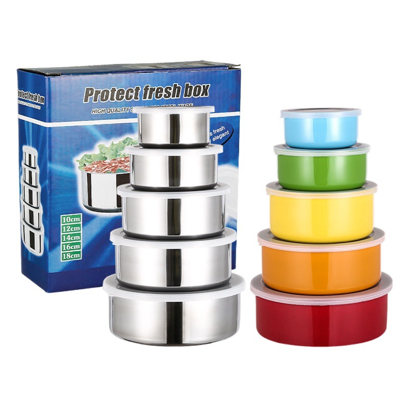 Stainless steel fresh-keeping box five-piece kitchen refrigerator fresh-keeping storage jar round colorful fresh-keeping bowl with lid package