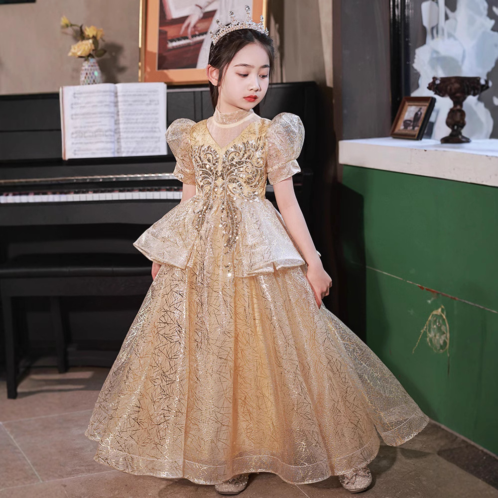 Girls' Princess Gown Dresses Luxury Boutique Flower Girl Wedding Gowns Birthday Party Children's Costumes Emcee Piano Performance_voghion.com