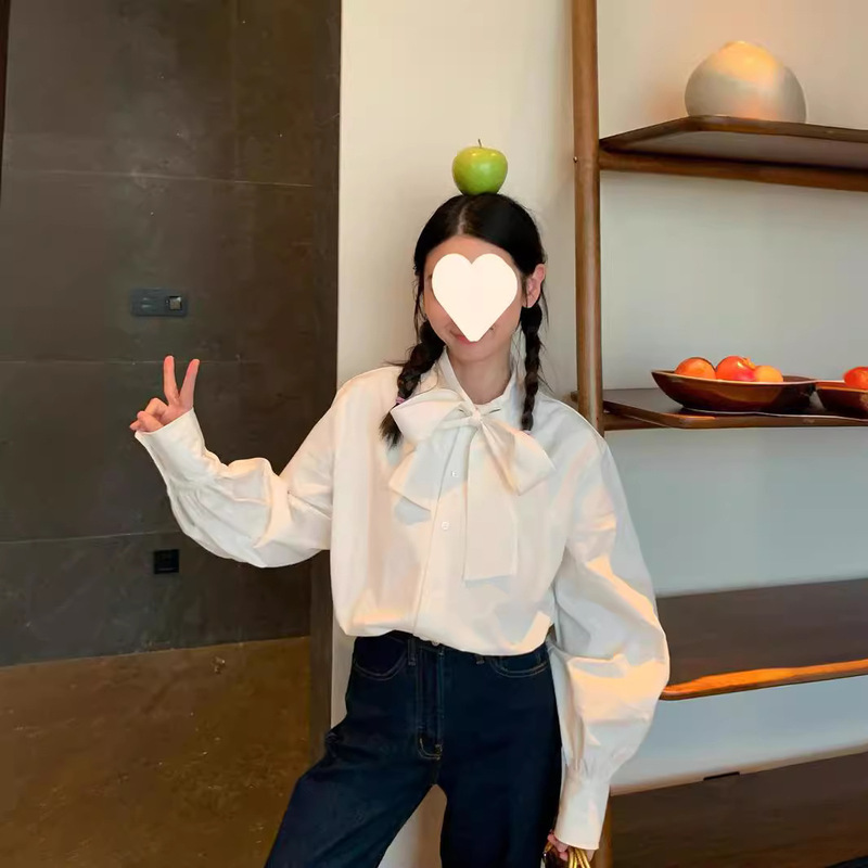 [in stock] MS Tie Bow Milos Pinch Pleated Cotton Shirt Women's Loose Design Niche Shirt