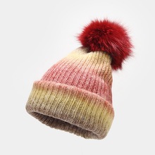 欧美新款狐狸毛球针织帽子女士时尚撞色毛线帽秋冬户外保暖帽子潮