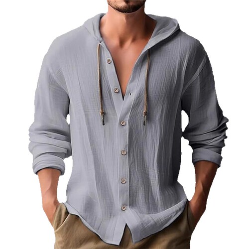 Cross-border AliExpress 2025 New Spring Men's Hooded T-Shirt Pure Cotton Linen Men's Casual Long-Sleeve Top