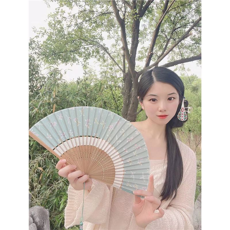 中国風の二重節扇子折りたたみ布張りレトロスタイルチャイナドレス漢服小型扇子ポータブル夏の女性のダンス扇子|undefined