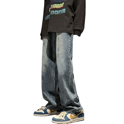 American-style hiphop pants: Winter trendy high-street black and gray denim trousers for men—loose-fit, straight-leg, and featuring a relaxed, flowing wide-leg design.