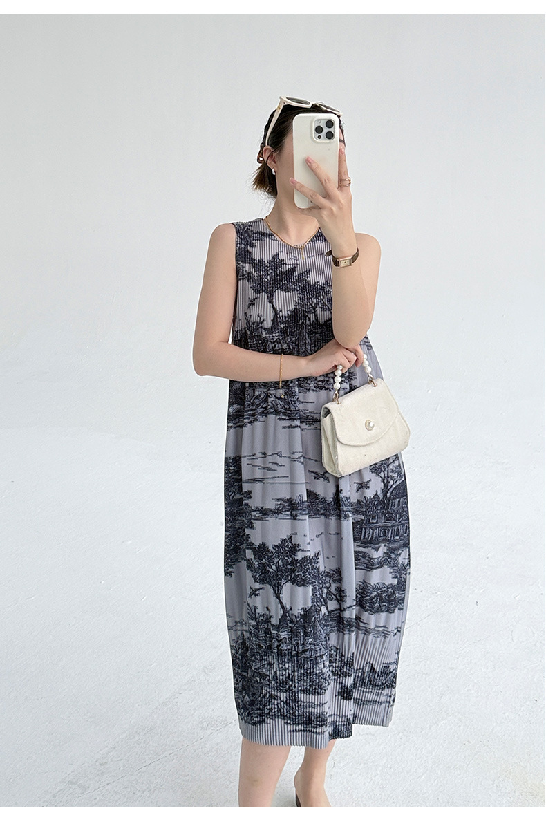 Váy maxi nữ in hoa sứ trắng xanh thắt eo phong cách Trung Quốc — Màu sâm panh chi tiết 22