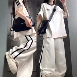 学院风休闲运动套装女夏季韩版学生短袖长裤小个子跑步炸街两件套