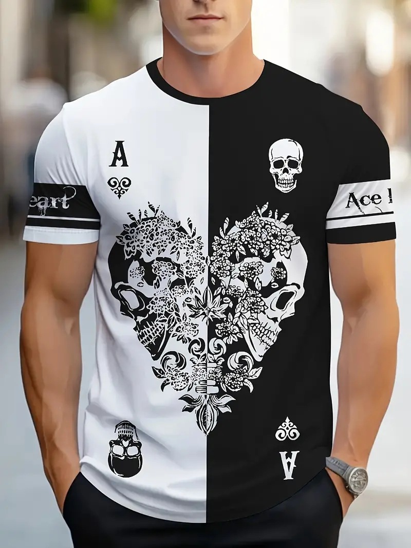 Retro color de contraste en forma de corazón esqueleto 3D impresión digital para hombre verano suelto y transpirable manga corta camiseta de cuello redondo