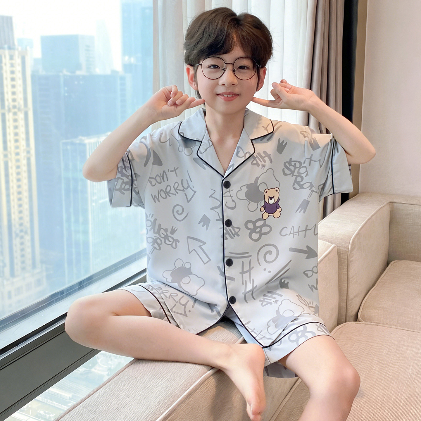 Satin Silk Children's Pajama Set for Boys and Girls, 2-Piece Ice Silk Cartoon Short-Sleeve Shorts Loungewear Amazon