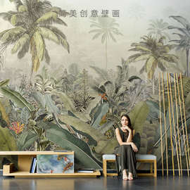 简美东南亚热带雨林芭蕉叶壁纸客厅沙发电视背景墙无缝壁画墙布