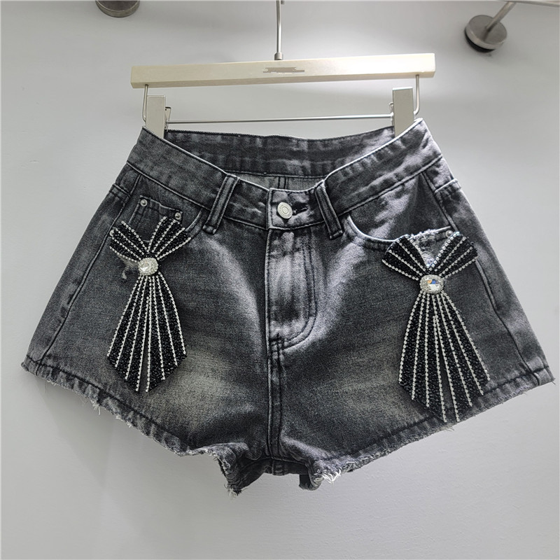 Pantalones Cortos Jeans con Pedrería para Mujer de Mezclilla de Poliéster de Cintura Baja