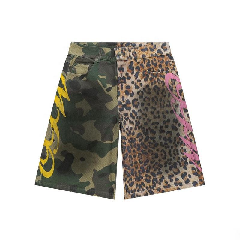 OEM High-Quality Streetwear Distressed Washed Leopard Print Wide-Leg Fashion Denim Shorts Men's Clothing OEM High-Quality Streetwear Distressed Washed Leopard Print Wide-Leg Fashion Denim Shorts Men's Clothing