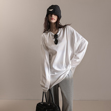 春夏圆领套头长袖宽松大T恤纯色白黄纯棉休闲外穿打底上衣MD5141