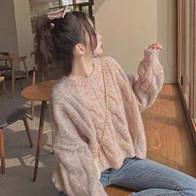 学院风小清新粉色毛衣女宽松秋冬新款套头针织衫外套百搭短款上衣