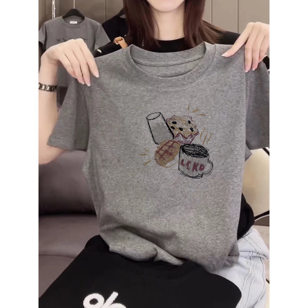 European High-End Straight-Shoulder Pure Cotton Short-Sleeve T-Shirt for Women, 2026 New Summer Fashion Stylish Slim-Fit Light Gray Top