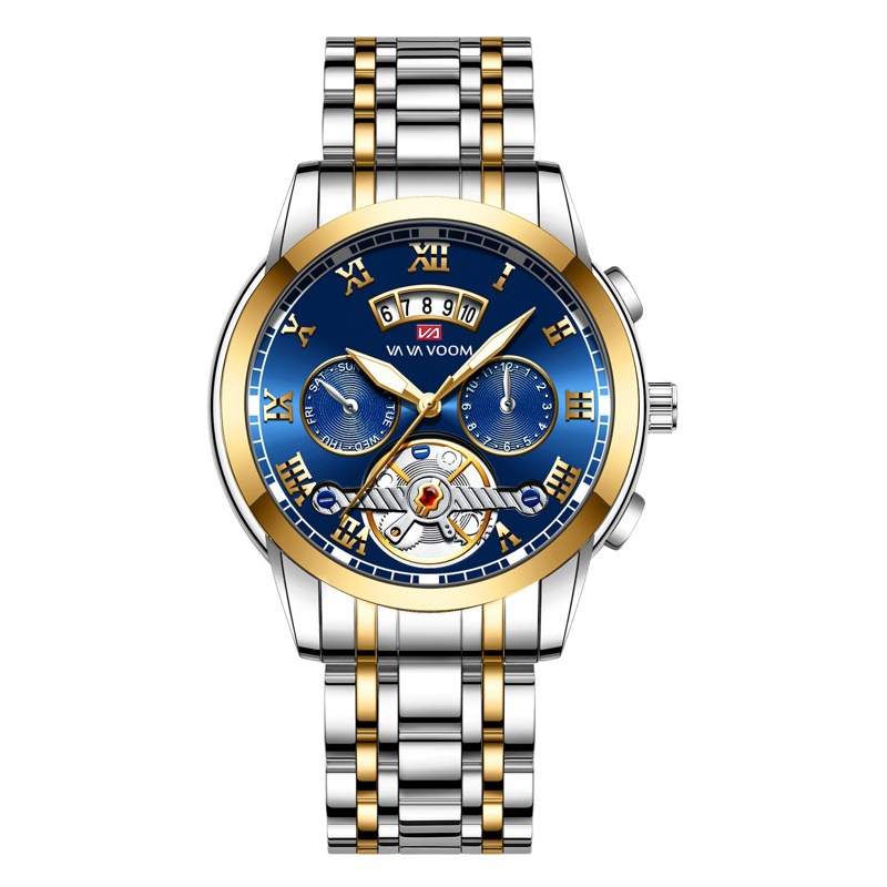 VA VOOM acero inoxidable Tourbillon no automático mecánico multifunción negocio reloj luminoso impermeable reloj para hombres