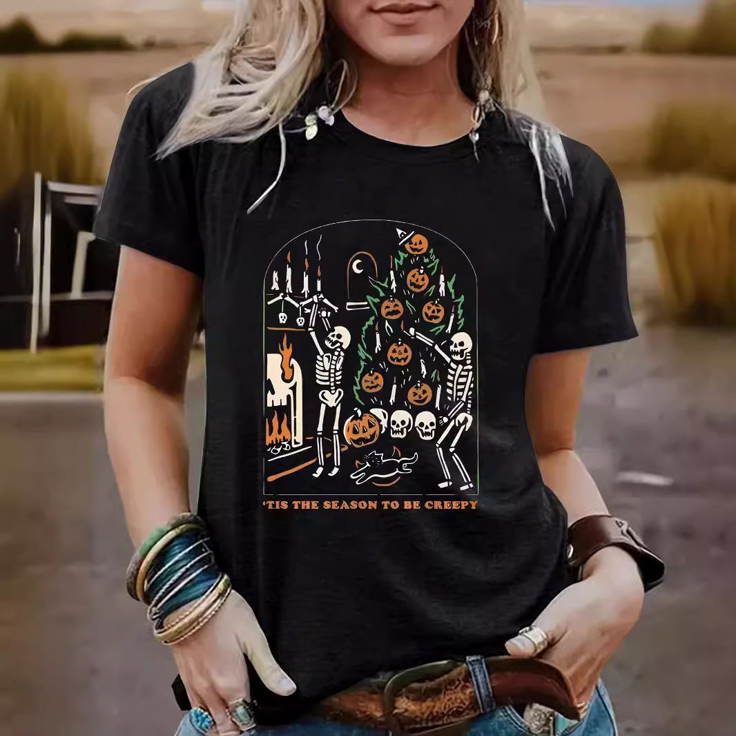 Amazon European and American Women's Skull Pumpkin Pattern Round Neck Short Sleeve Casual Fashion Foreign Trade Explosions T-Shirt Halloween