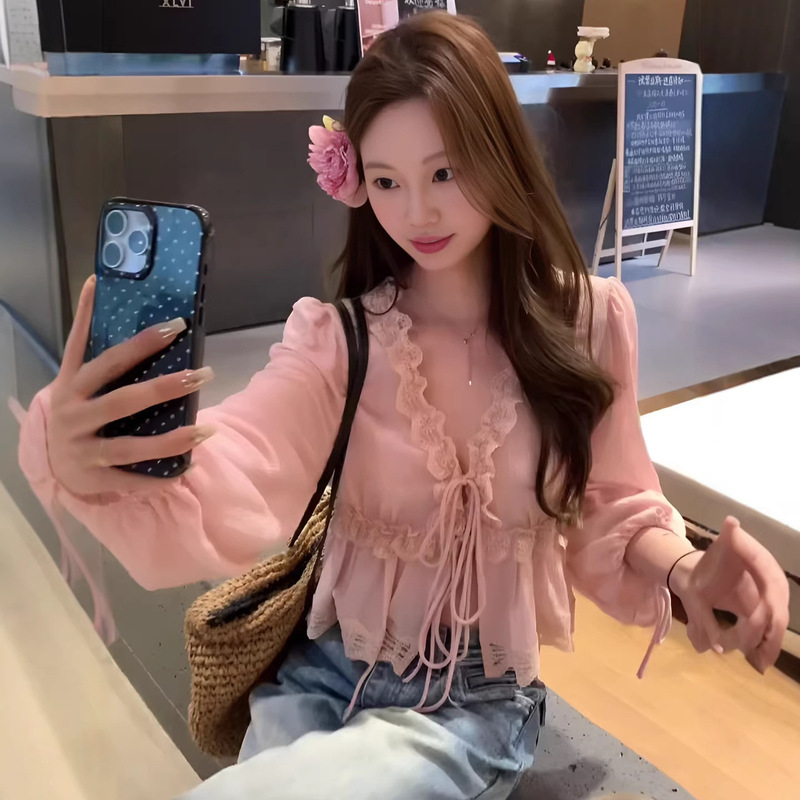 Korean-Style Ins-Style Pink V-Neck Lace-Up Chiffon Shirt for Women, Summer Off-Shoulder Long-Sleeve Loose and Flowing Blouse Korean-Style Ins-Style Pink V-Neck Lace-Up Chiffon Shirt for Women, Summer Off-Shoulder Long-Sleeve Loose and Flowing Blouse