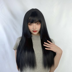 Anime-style Korean/Japanese wigs for women, featuring a jellyfish hairdo, side-swept bangs, and long straight hair, trendy online versions, factory dropshipping one-piece style.