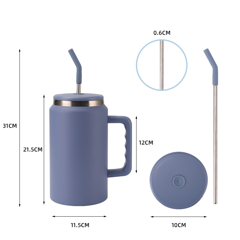 Taza termo simple gigante transfronteriza, taza de hielo de gran capacidad para el hogar, taza portátil de acero inoxidable para automóvil con pajita