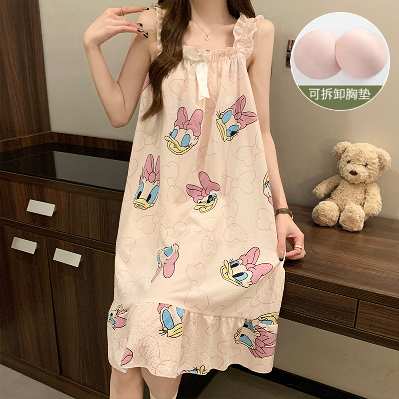 Pijama de mujer de verano dulce chaleco de cinturón de pecho tejido de algodón espuma tela arrugada pijama de mujer de verano vestido lindo