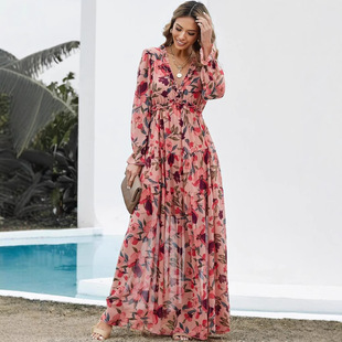 2025 cross-border new long sleeve European and American women's fashion printing fairy style long temperament evening dress dress