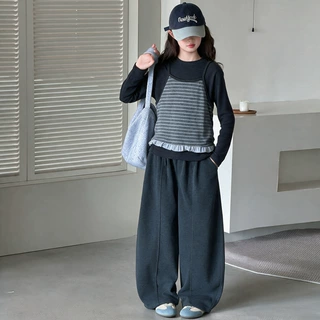 女童秋季套装2026新款韩系条纹假两件长袖阔腿裤中大童巨好看秋装