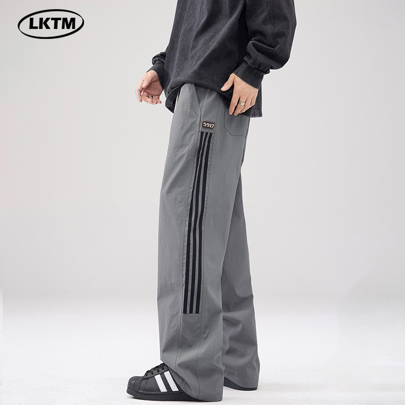 LKTM男装美式高街夏季薄款条纹冲锋裤男潮牌青少年宽松直筒休闲裤