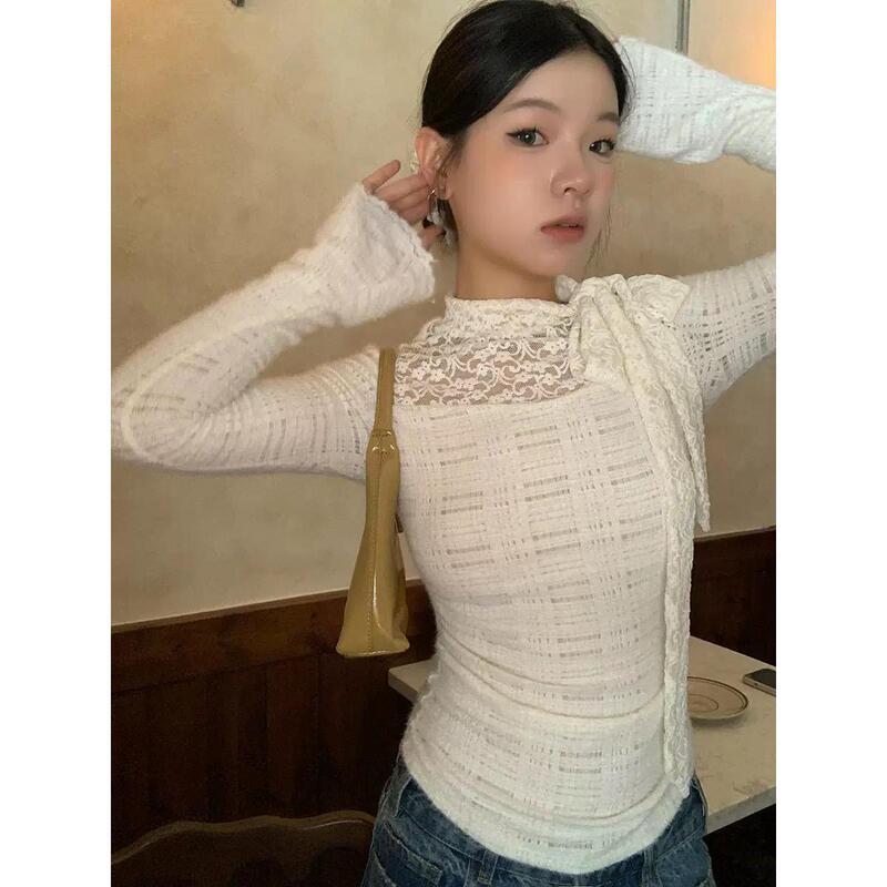 Autumn and winter lace long-sleeve knit sweater, French-style hollow-out elegant base shirt with bow and lace ribbons