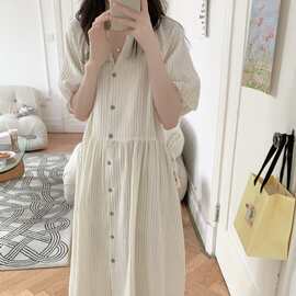 韩国ins女士夏季新款法式宽松纱布气质条纹家居服短袖睡裙睡衣女