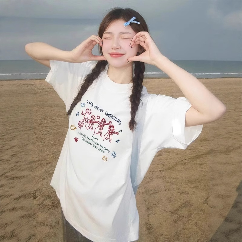 American Retro Rock Band Short-Sleeved T-Shirt Women's Summer Trendy Pure Cotton Tops Versatile Couple Wear Loose Half-Sleeves