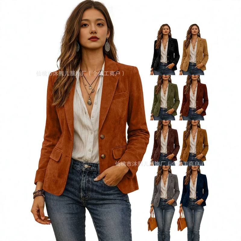 Women's suede blazer for cross-border Amazon, European and American spring/autumn style, slim fit, two-button casual blazer, wholesale Women's suede blazer for cross-border Amazon, European and American spring/autumn style, slim fit, two-button casual blazer, wholesale