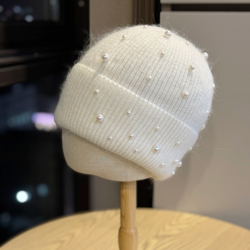 新款甜美可爱珍珠毛线帽秋冬季显脸小针织防寒包头帽子网红拍照帽|undefined